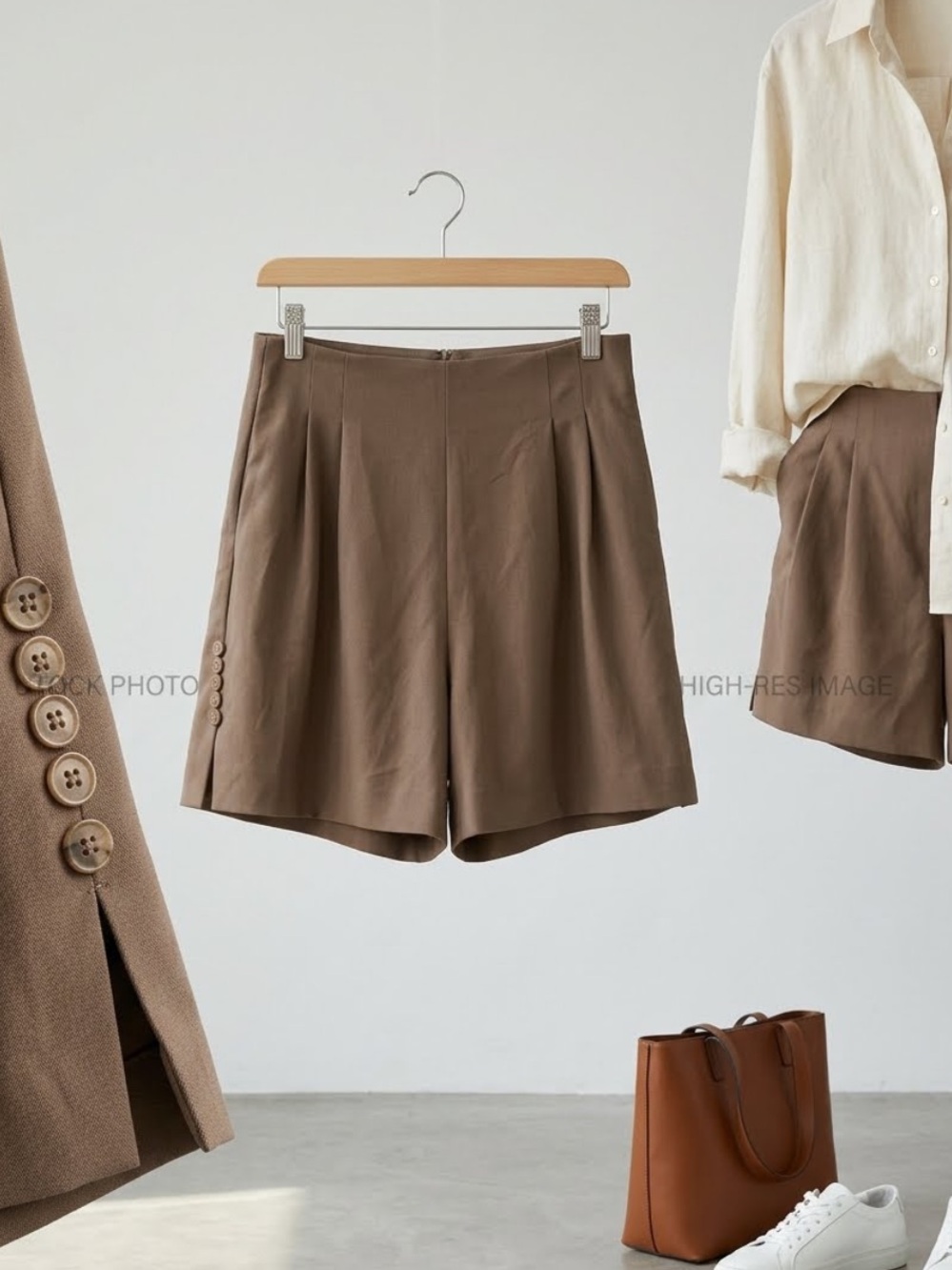 High-Rise Pleated Tailored Shorts in Taupe